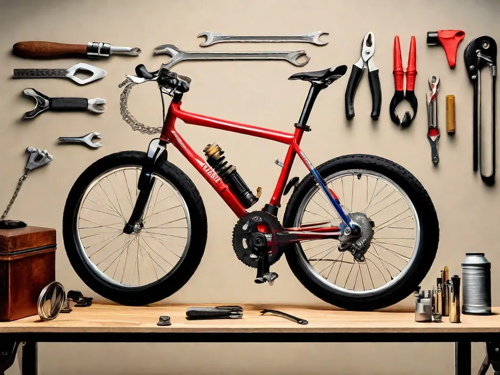 Uma imagem bem iluminada de uma bicicleta virada de cabeça para baixo, com um conjunto de ferramentas como chaves inglesas e chaves de fenda organizadas cuidadosamente em uma bancada de trabalho. Um par de mãos está ajustando a corrente da bicicleta, com tubos de reposição e spray lubrificante visíveis ao fundo.
