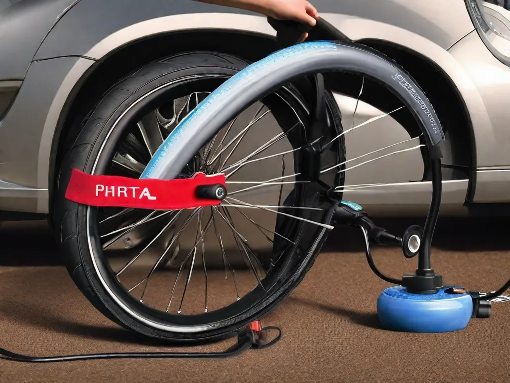 Uma imagem de uma pessoa usando uma bomba de bicicleta para inflar um pneu, com a mão pressionando firmemente o remendo que foi aplicado em um furo. A pessoa está usando um pano para secar qualquer excesso de umidade do remendo, garantindo um reparo seguro e eficaz.