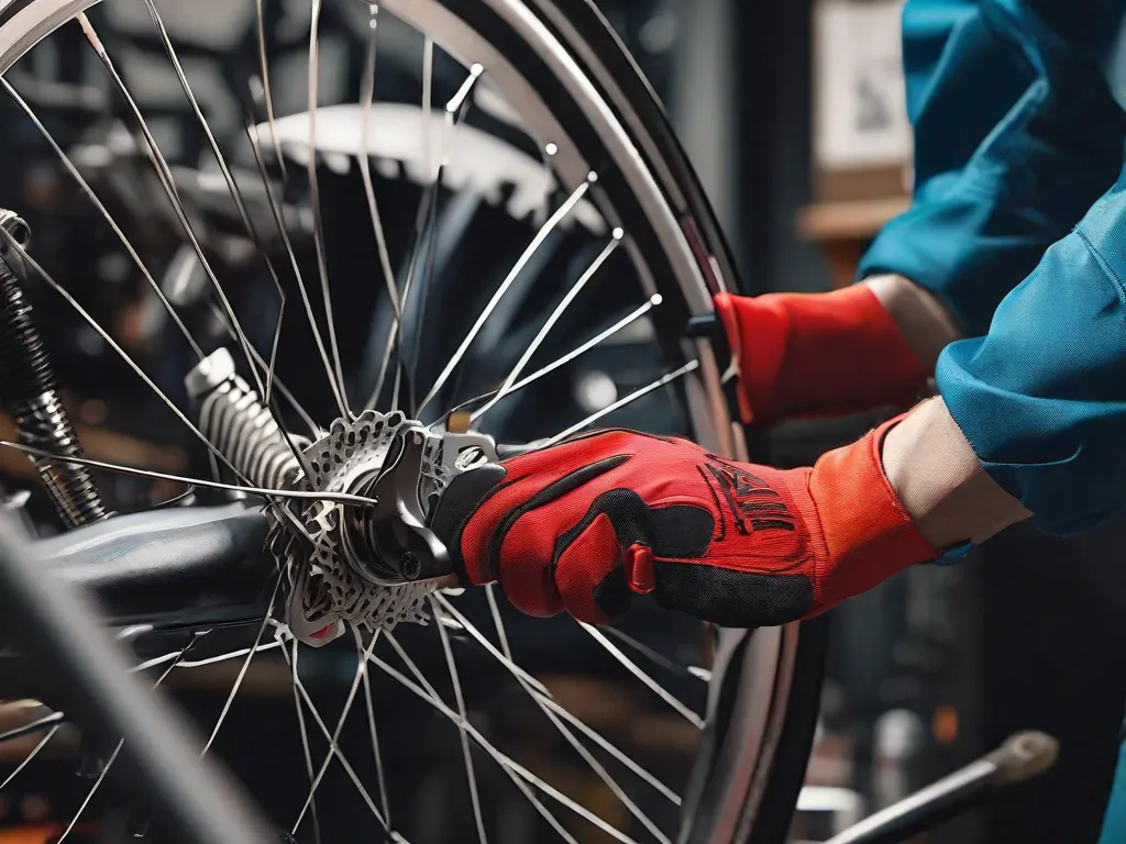 Descrição da imagem: Um close-up das mãos de uma pessoa usando luvas, segurando uma chave inglesa e apertando os parafusos de uma roda de bicicleta. A bicicleta está posicionada de cabeça para baixo, apoiada em um suporte de reparo, com várias ferramentas e peças sobressalentes espalhadas em uma bancada de trabalho ao fundo.