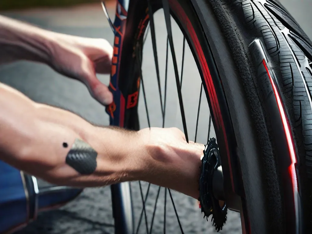 Descrição da Imagem:
Uma fotografia em close-up de um pneu de bicicleta com um furo. A imagem mostra uma mão segurando um remendo de pneu e um tubo de cola. O remendo está sendo cuidadosamente aplicado na área perfurada, com a mão pressionando-o firmemente no pneu.