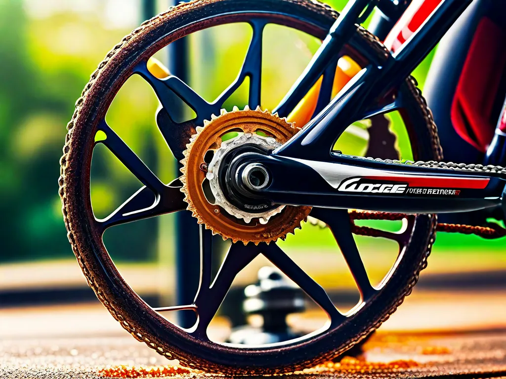 Descrição da imagem: Um close-up de uma corrente de bicicleta enferrujada sendo tratada com uma solução removedora de ferrugem. A solução é aplicada usando um pincel pequeno e, à medida que reage com a ferrugem, a corrente começa a recuperar seu brilho metálico. A imagem captura a transformação de coberta de ferrugem para limpa e restaurada.