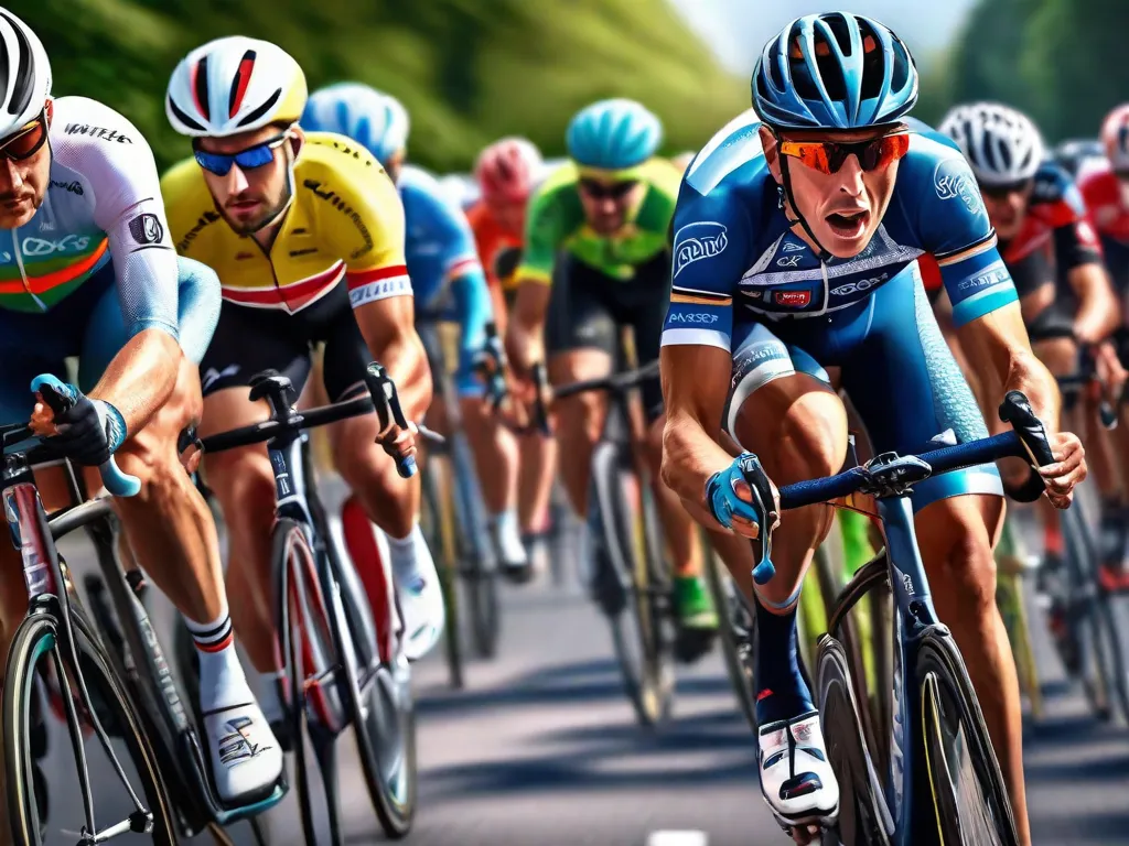 Um grupo de ciclistas em uma corrida acirrada, suas rodas quase se tocando enquanto contornam uma curva. Seus rostos demonstram intenso foco, mas há um claro respeito mútuo, sem cotoveladas agressivas, mantendo o jogo limpo enquanto se esforçam para vencer.
