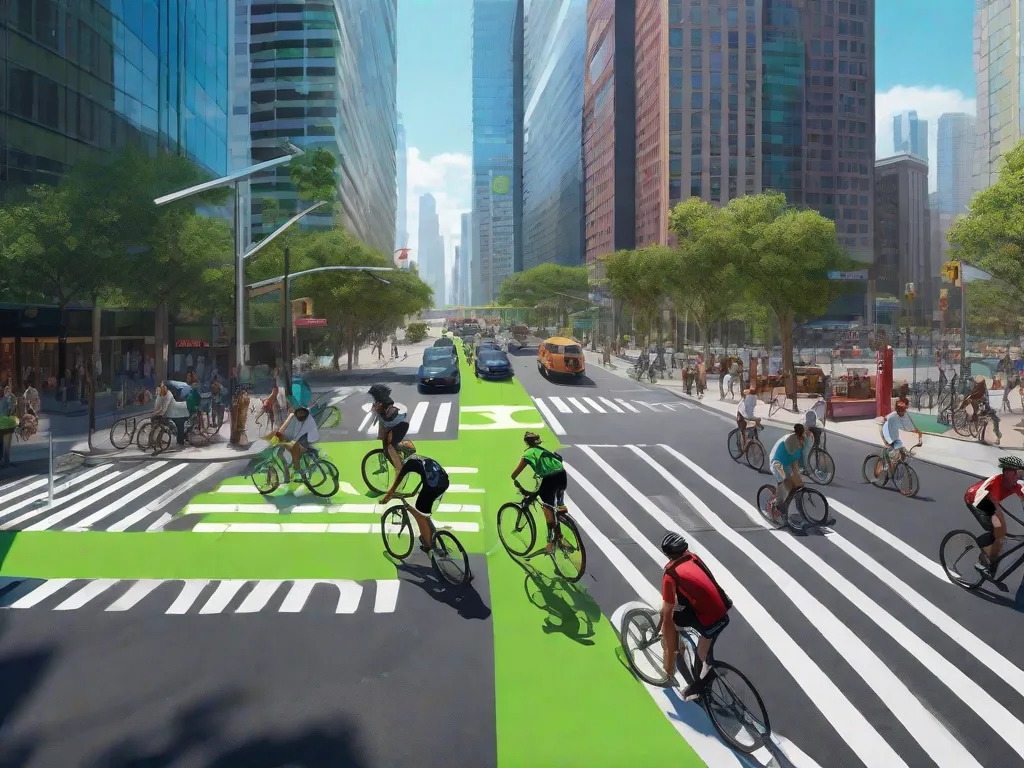 Um cruzamento movimentado de uma cidade com uma faixa de bicicleta dedicada pintada de verde brilhante, ciclistas se deslocando ao lado do tráfego, estacionamentos modernos para bicicletas cheios de diversas bicicletas e um ciclista utilizando uma estação de compartilhamento de bicicletas. Arranha-céus e murais de arte urbana servem como pano de fundo