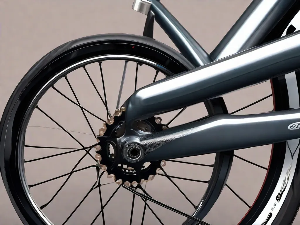 Uma imagem em close-up do cubo traseiro de uma bicicleta elegante, mostrando as linhas limpas de um sistema de marchas interno sem o usual desviador externo, com foco na integração perfeita no quadro da bicicleta e a simplicidade do chainstay (braço da corrente).