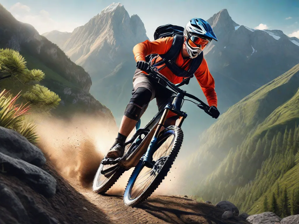 Uma imagem eletrizante captura um ciclista de montanha conquistando uma trilha acidentada. O ciclista, vestido com equipamentos de proteção, manobra habilmente por uma inclinação íngreme, cercado por vistas panorâmicas deslumbrantes de picos majestosos e vegetação exuberante. A determinação em seus olhos reflete a emoção e aventura do mountain biking.