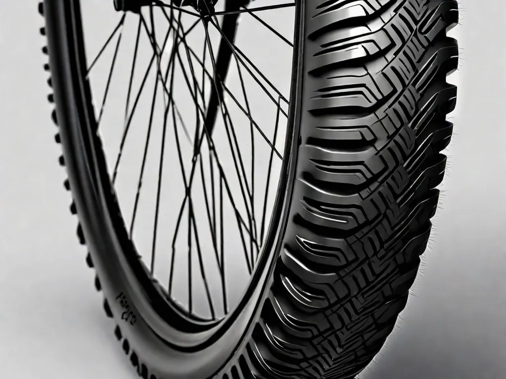 Uma imagem em close-up de um pneu de bicicleta desgastado com marcas de sulcos visíveis, simbolizando os desafios e obstáculos que alguém pode encontrar ao perseguir seus sonhos de ciclismo. O pneu representa resiliência e determinação, nos lembrando que, apesar das dificuldades, podemos superar e continuar pedalando em direção aos nossos objetivos.