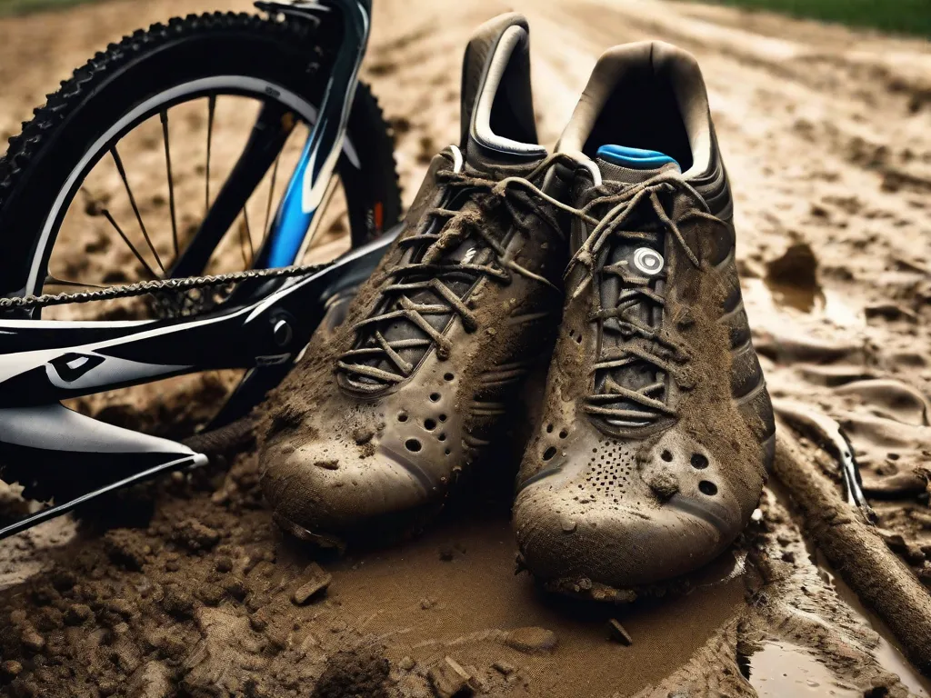 Um close intenso das sapatilhas sujas e desgastadas de um ciclista, simbolizando os desafios e transformações nas competições profissionais de ciclismo. A sujeira e a lama nos sapatos retratam a natureza exigente do esporte e a paisagem em constante evolução da competição.