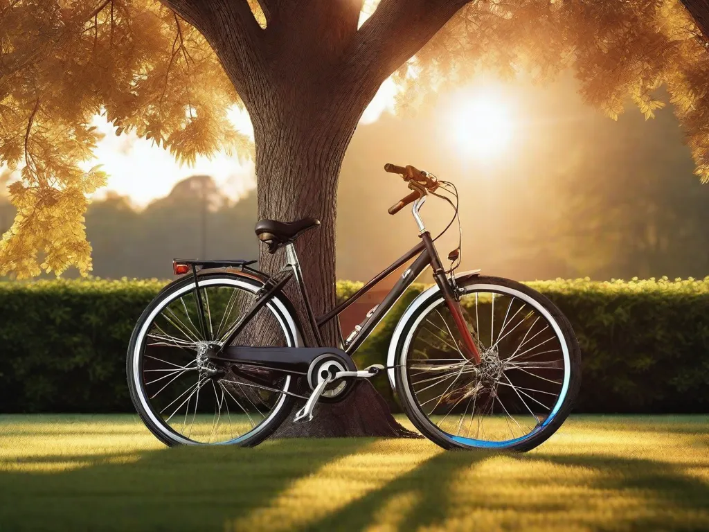 Uma imagem tranquila de uma bicicleta encostada em uma árvore em um parque sereno. O sol se põe ao fundo, lançando um brilho quente sobre a cena. Essa imagem simboliza a importância do descanso e da recuperação no ciclismo, nos lembrando de tirar um tempo para recarregar e rejuvenescer nossos corpos e mentes.