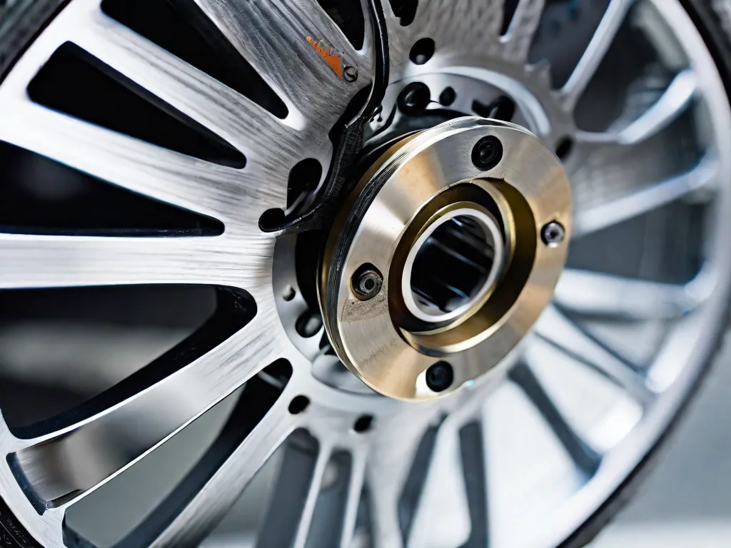 Imagem em close-up de um rotor de freio de bicicleta mostrando sinais de desgaste. A superfície metálica exibe sulcos e arranhões visíveis, indicando a necessidade de manutenção.