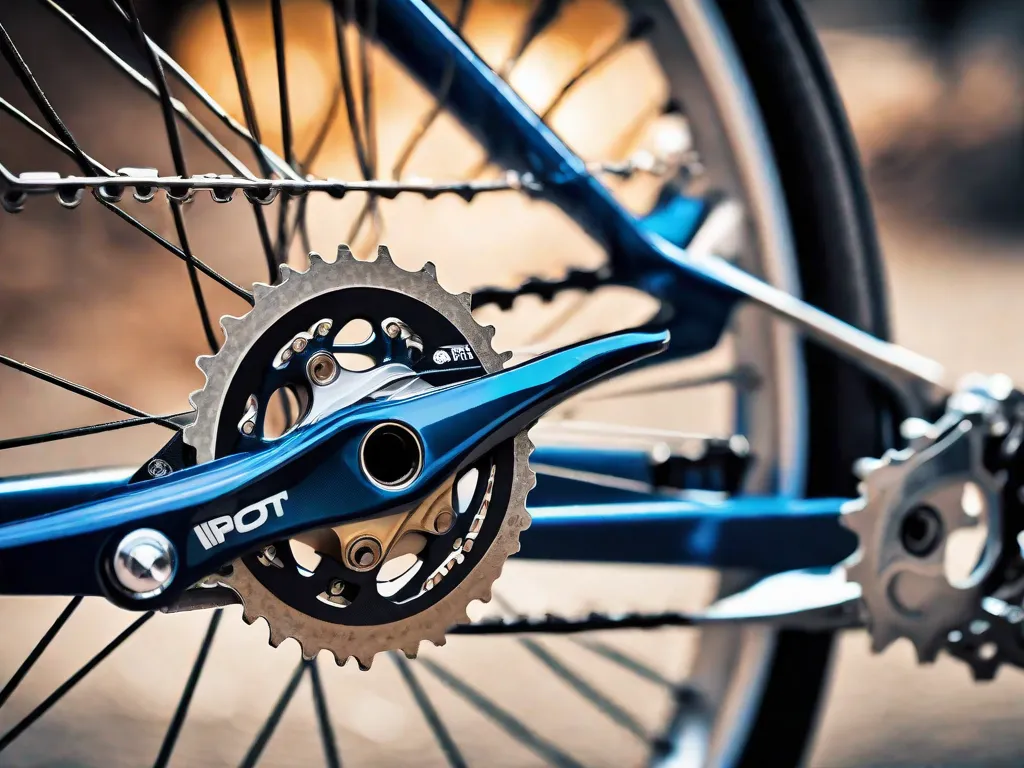 Uma imagem detalhada do câmbio traseiro de uma bicicleta em foco nítido, com os elos metálicos da corrente passando por suas roldanas, contra um fundo desfocado de engrenagens girando. Ao lado, um câmbio dianteiro prende o quadro da bicicleta, posicionado acima de um pedivela brilhante e bem utilizado.