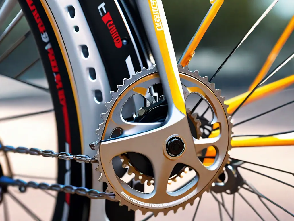 Uma imagem em close-up do desviador dianteiro de uma bicicleta em ação, com a corrente passando suavemente entre as engrenagens de um conjunto de pedivela nítido e limpo. A luz do sol reflete nos componentes metálicos, destacando a mecânica precisa do processo de troca de marchas.