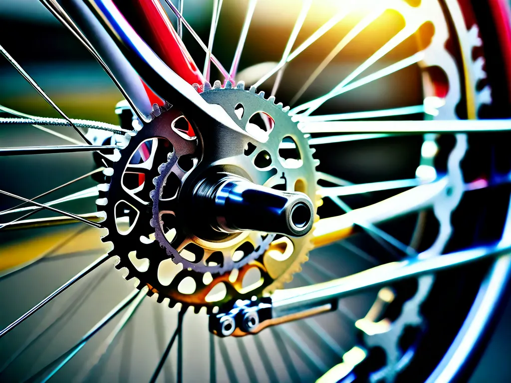 Uma imagem de um close-up dos componentes de uma bicicleta, mostrando os detalhes intricados das engrenagens, pedais, corrente, freios e guidão. A foto captura a beleza mecânica e a habilidade artesanal necessárias para criar uma bicicleta totalmente funcional.