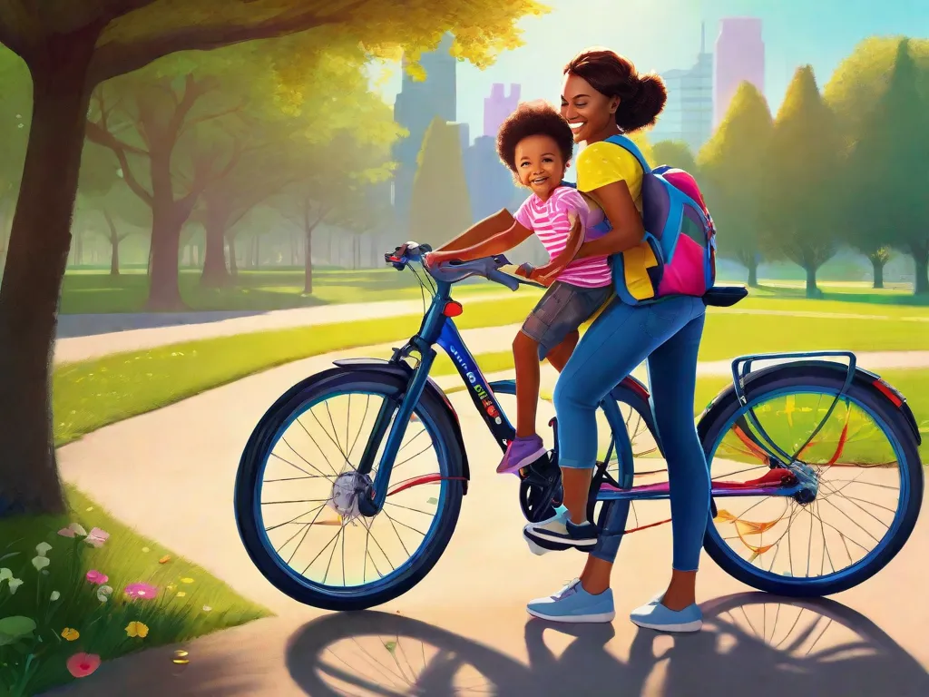 Descrição da imagem: Um dia ensolarado no parque, onde um pai está ensinando seu filho a andar de bicicleta. A criança está usando capacete e equipamento de proteção, segurando ansiosamente o guidão. O pai está caminhando ao lado deles, fornecendo apoio e orientação. Ambos têm grandes sorrisos no rosto, mostrando a alegria de aprender e conquistar.