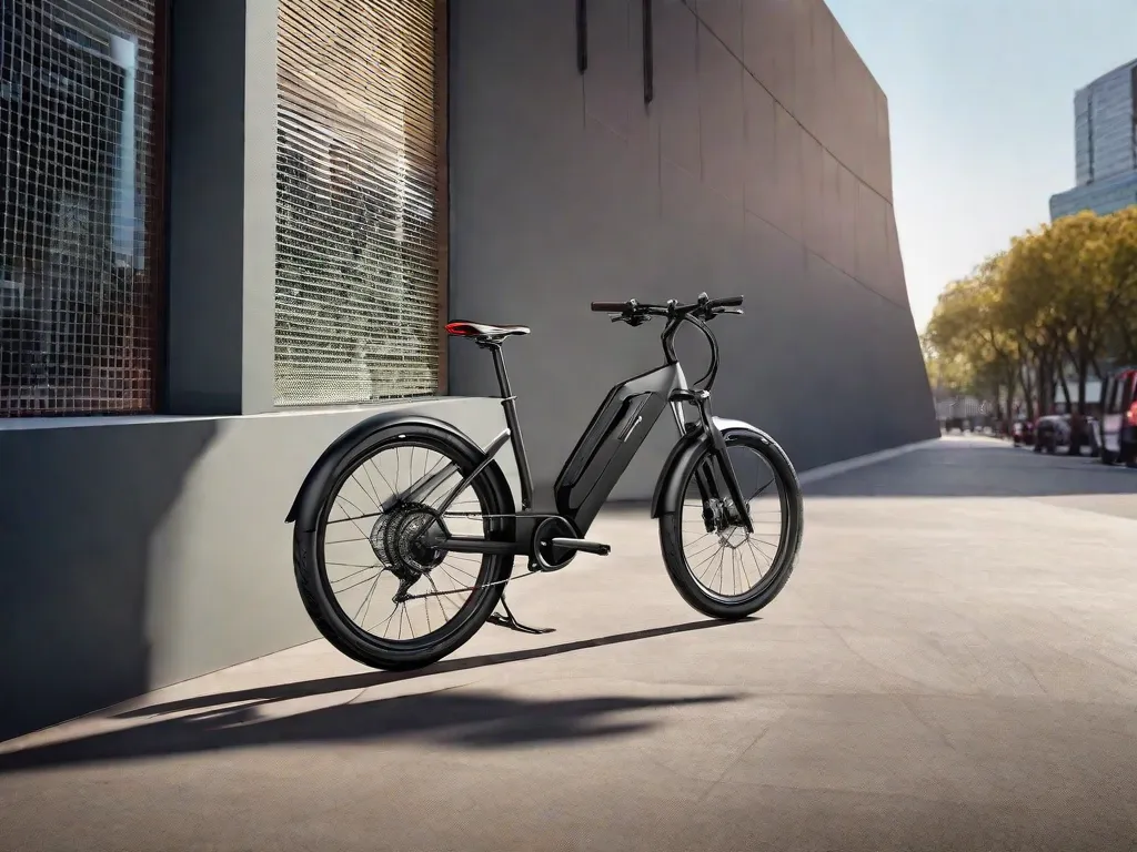Uma elegante e moderna bicicleta elétrica está encostada em uma parede urbana iluminada pelo sol, com seu pacote de baterias exibido de forma proeminente. A bicicleta possui um visor digital nos guidões, um selim confortável e um robusto bagageiro traseiro. Um horizonte da cidade se estende ao fundo, sugerindo possibilidades de deslocamento ecológ