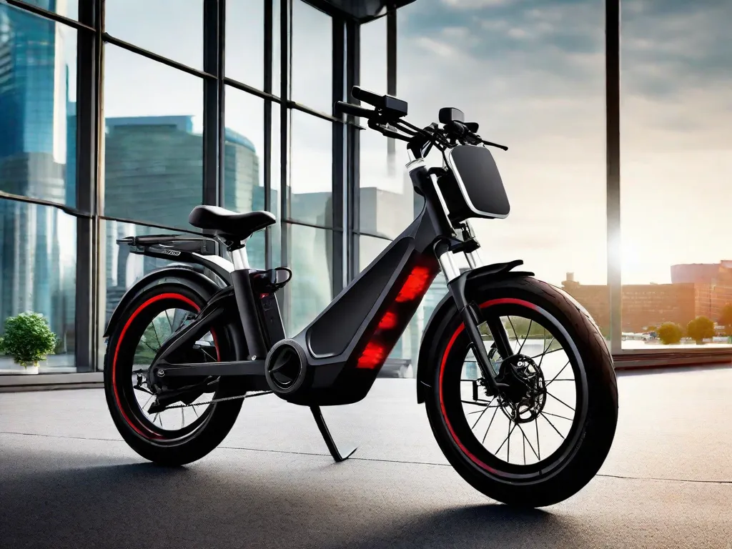 Uma bicicleta elétrica moderna e elegante está apoiada contra um cenário urbano, sua estrutura brilhando sob a luz do sol. O motor elétrico é integrado de forma sutil, e a bateria é montada discretamente. Engrenagens e display digital são visíveis, destacando os recursos avançados da bicicleta. Acessórios como um capacete e alforjes sugerem que está prepar
