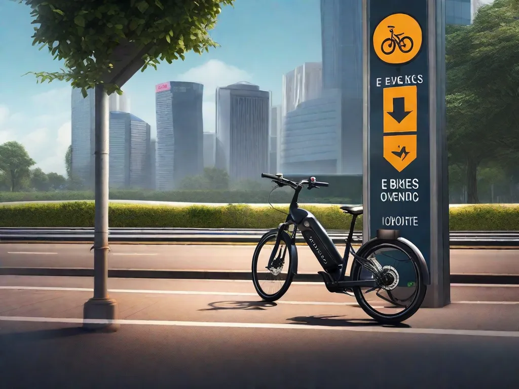 Uma bicicleta elétrica elegante estacionada ao lado de uma placa de trânsito que mostra um símbolo de bicicleta e uma seta, indicando uma ciclovia, com uma placa adicional abaixo dela com a inscrição