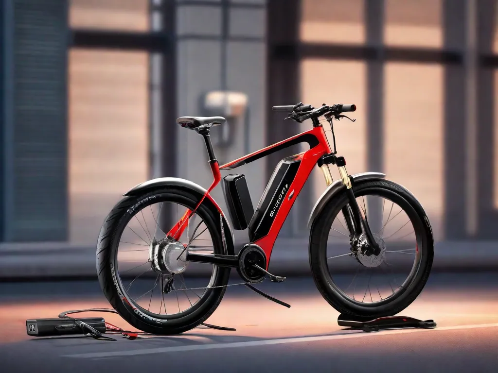 Uma bicicleta elétrica moderna e elegante estacionada ao lado de um kit de manutenção, incluindo uma bomba de pneu, lubrificante e um conjunto de chaves Allen. A bateria da bicicleta está desacoplada e colocada em uma estação de carregamento, indicando a importância do carregamento regular e da manutenção para um desempenho ótimo.