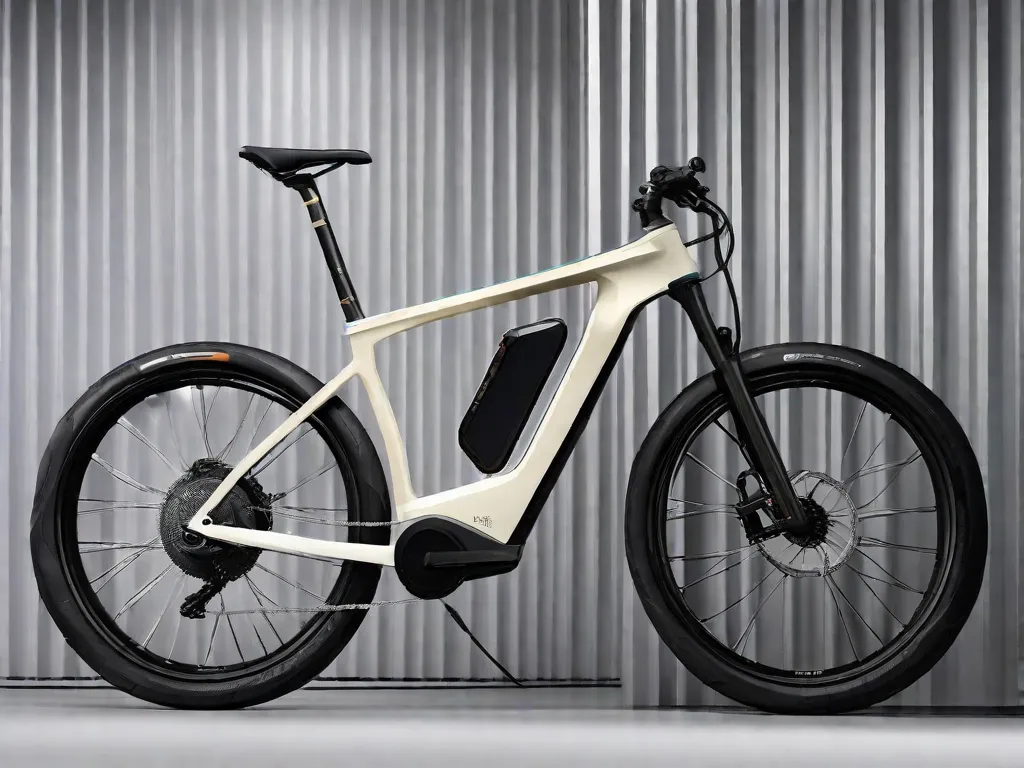 Uma elegante bicicleta elétrica está apoiada contra um cenário urbano, seu quadro abriga um discreto pacote de baterias. O motor é sutilmente integrado ao cubo da roda traseira, com um display de controle montado no guidão, exibindo diferentes níveis de assistência e a vida útil da bateria.