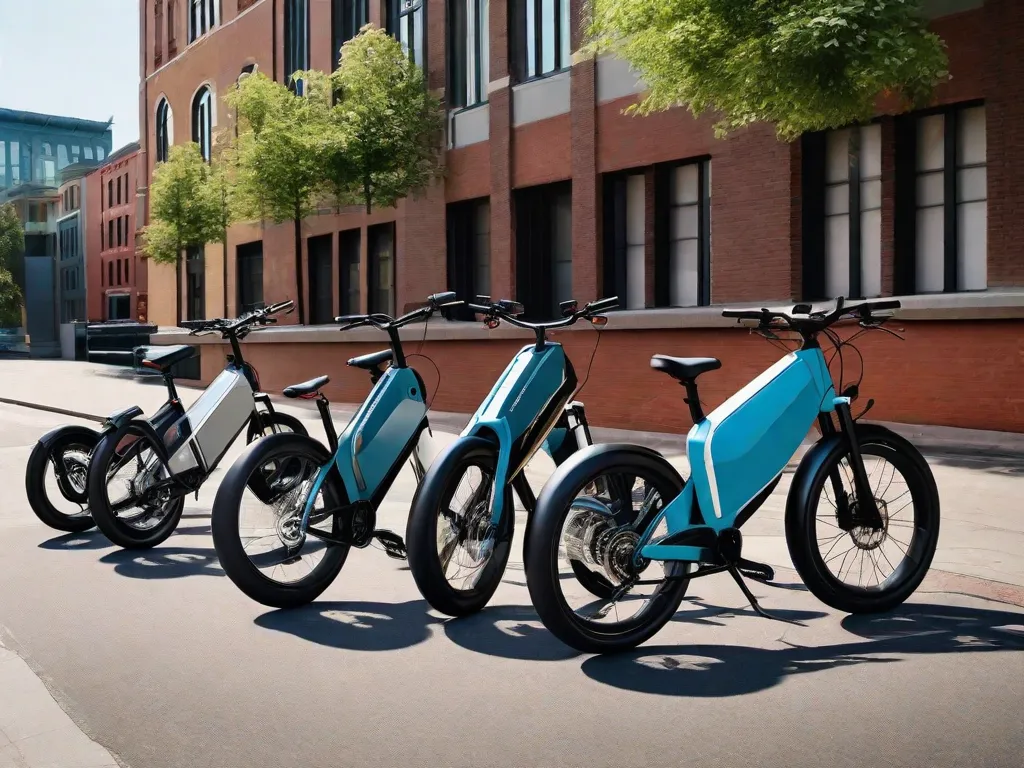 Uma variedade de elegantes bicicletas elétricas alinhadas contra um cenário urbano, exibindo diferentes modelos: uma dobrável para uso diário, uma robusta bicicleta elétrica de montanha, uma cruiser de estilo retrô com cesta, e uma bicicleta elétrica de estrada de alta tecnologia com display integrado, todas apresentando pacotes de bateria e sistemas de acionamento elétrico.