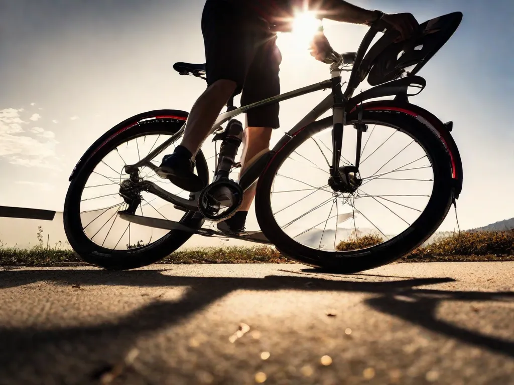 Descrição da imagem: Um close-up de um pneu de bicicleta sendo inflado com uma bomba de mão. A bomba está conectada à válvula do pneu, e a mão do ciclista está segurando a alça da bomba, aplicando pressão para encher o pneu com ar. A luz do sol projeta uma sombra no chão, enfatizando a importância da inflação adequada do pneu para