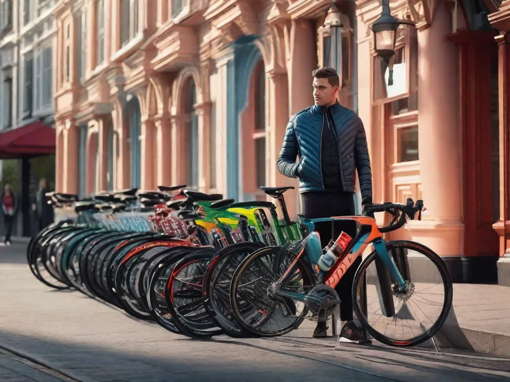 Encontrando o ajuste perfeito: Um ciclista fica ao lado de uma fileira de bicicletas, destacando a importância de escolher o tamanho certo da bicicleta. Com uma fita métrica na mão, eles demonstram como determinar o tamanho ideal do quadro para um passeio confortável e eficiente.