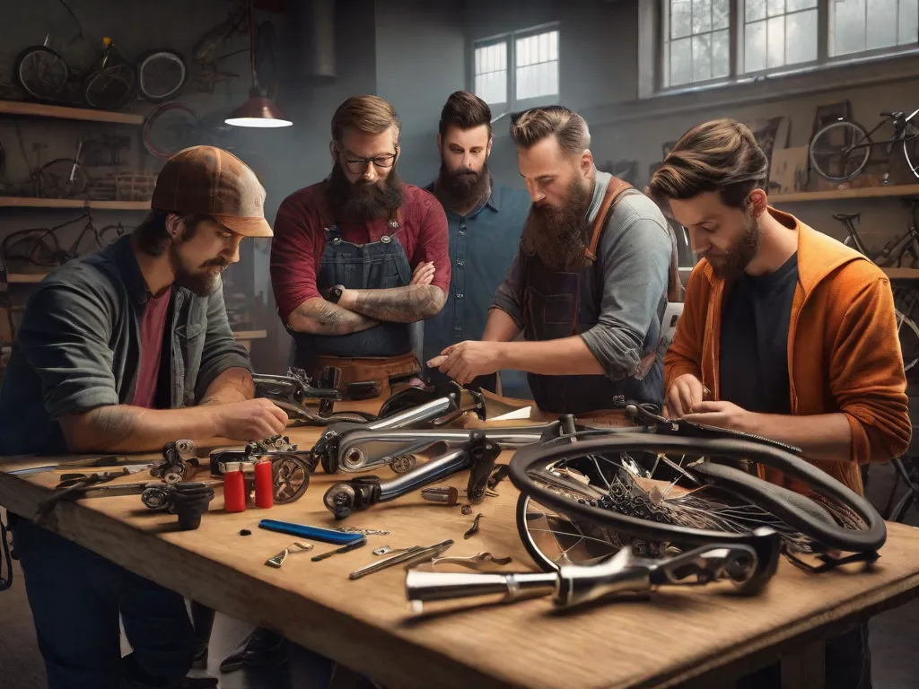 Uma imagem de um grupo de entusiastas de bicicletas reunidos ao redor de uma bancada de trabalho, com ferramentas e peças de bicicleta espalhadas por perto. Eles estão envolvidos em conversas, compartilhando histórias e ideias, enquanto trabalham juntos para criar uma bicicleta única e personalizada. A imagem captura a camaradagem e a paixão por trás