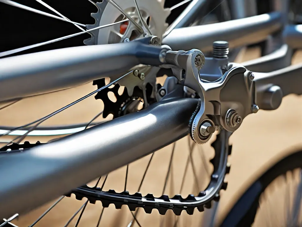 Uma imagem de uma visão ampliada dos trocadores de marcha e desviadores de uma bicicleta, mostrando os diferentes componentes que compõem o sistema de marchas da bicicleta. A foto destaca os detalhes intrincados das engrenagens, correntes e alavancas, fornecendo um guia visual para os leitores entenderem como funciona o sistema de marchas.