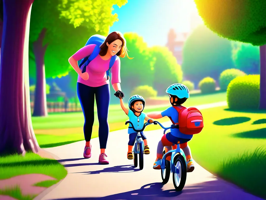 Descrição da imagem: Um dia ensolarado no parque, onde um pai está ensinando seu filho a andar de bicicleta. A criança está usando capacete e equipamento de proteção, segurando ansiosamente o guidão. O pai está caminhando ao lado deles, fornecendo apoio e orientação. Ambos têm grandes sorrisos no rosto, mostrando a alegria de aprender e conquistar.