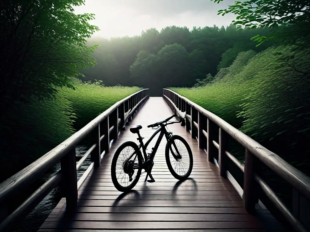 Uma imagem em preto e branco de uma bicicleta estacionada em uma ponte estreita de madeira, cercada por árvores verdes exuberantes. A bicicleta fica em pé, simbolizando equilíbrio, enquanto a ponte representa a jornada da vida. Ela captura a essência de encontrar equilíbrio em meio à beleza e aos desafios da nossa existência.