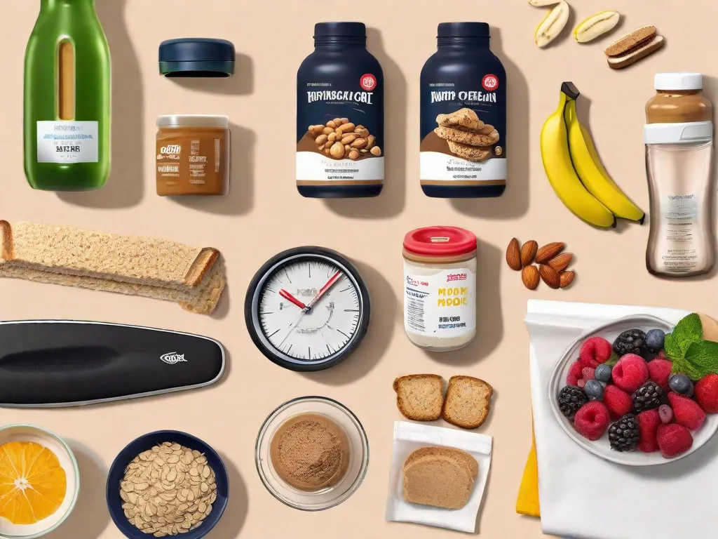 Uma disposição organizada em flat lay de equipamentos de ciclismo e uma variedade de alimentos nutritivos: uma garrafa de água, bananas, pão integral, manteiga de amêndoa, uma mistura de nozes e sementes, barras de energia e uma tigela de aveia coberta com frutas vermelhas frescas.