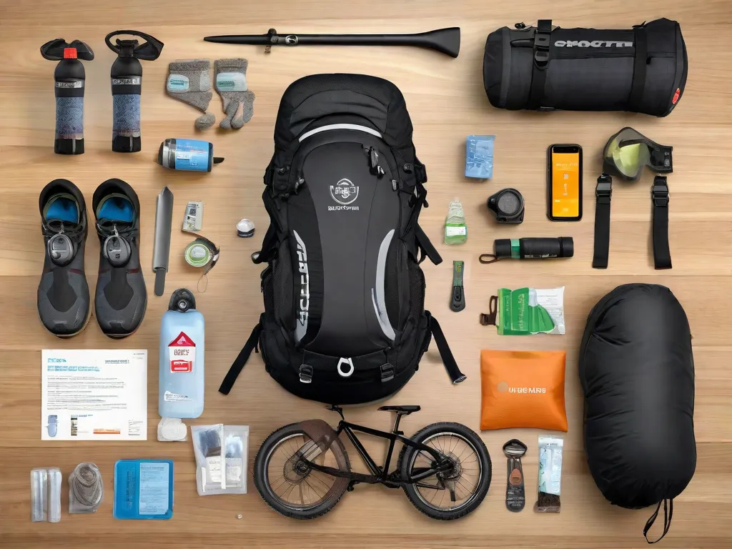 Um conjunto de equipamentos essenciais para cicloturismo, organizados de forma arrumada sobre um piso de madeira: um capacete preto, colete refletor brilhante, conjunto de ferramentas múltiplas, kit de primeiros socorros compacto, garrafa de água, luvas duráveis e um cadeado de bicicleta de alta qualidade, com um mapa de trilhas cênico lige