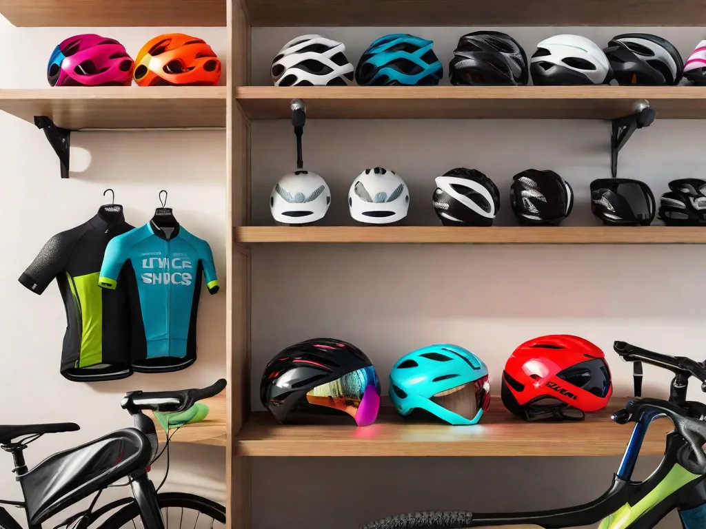Uma exposição organizada de equipamentos de ciclismo: capacetes de várias cores, luvas, coletes refletivos, garrafas de água, óculos de sol e uma seleção de sapatilhas de ciclismo de alta tecnologia, todos arrumados em uma prateleira de madeira contra uma parede branca e limpa em uma loja de bicicletas bem iluminada.