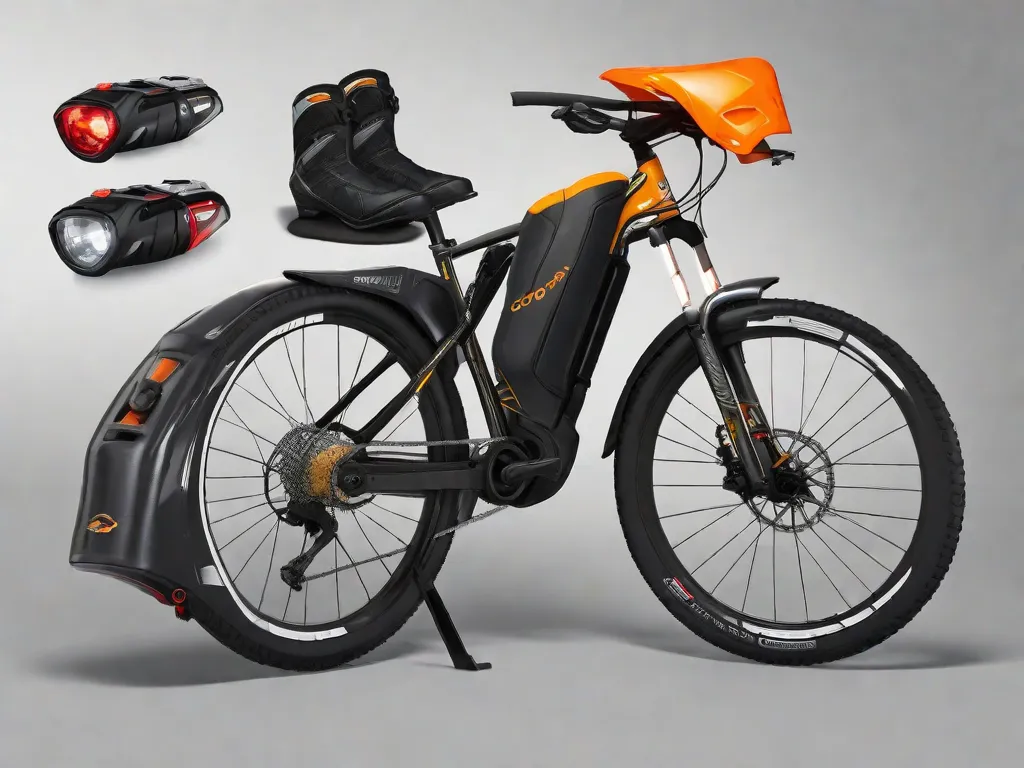 Uma bicicleta montada em um suporte, cercada por equipamentos essenciais: um capacete descansando no guidão, um par de luvas e óculos de sol apoiados no selim, uma garrafa de água no suporte do quadro, um pequeno kit de reparo e um colete de alta visibilidade drapeado sobre o quadro.