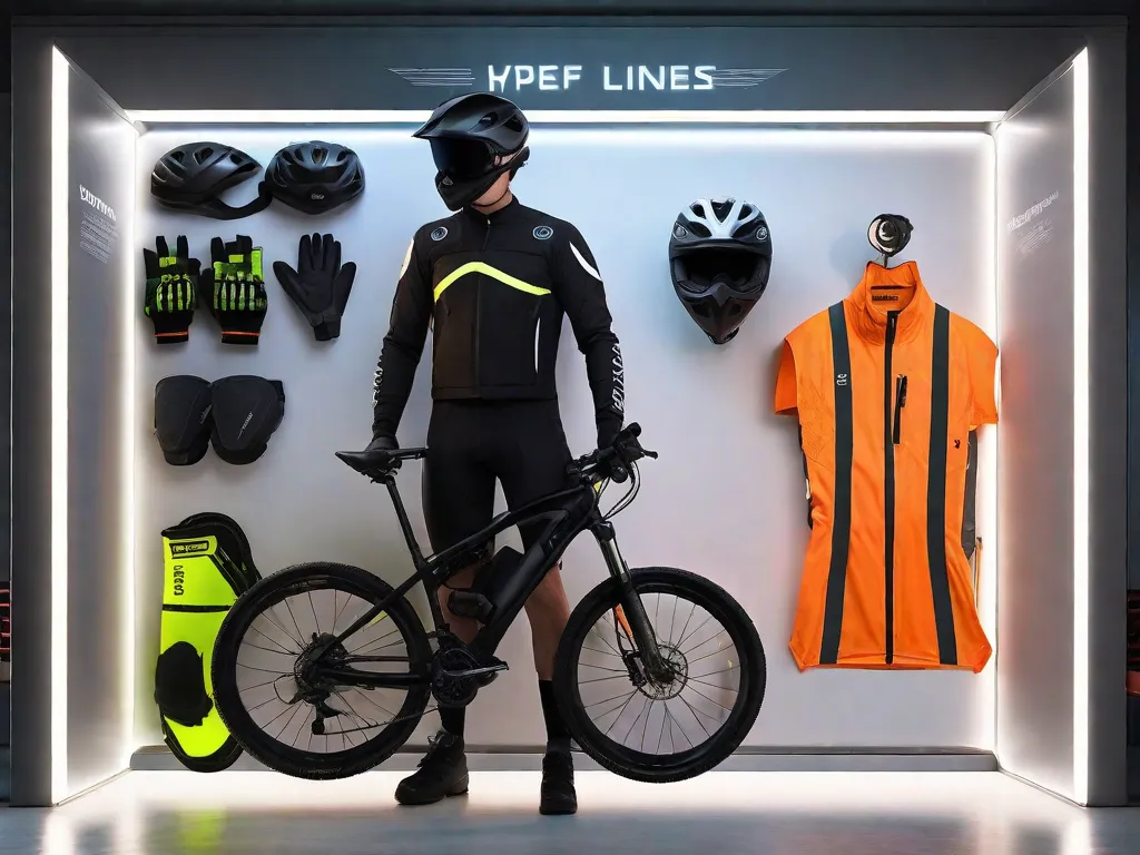 Um expositor de parede bem organizado apresentando uma variedade de equipamentos de segurança para bicicletas: um capacete preto fosco, colete refletivo de alta visibilidade, protetores de joelho e cotovelo, luvas resistentes e um conjunto de luzes LED brilhantes para bicicleta.