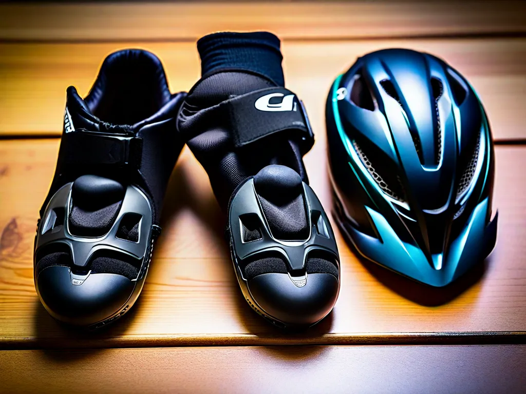 Descrição da imagem: Um close-up de um capacete de bicicleta, luvas e joelheiras arrumados de forma organizada em uma mesa de madeira. O capacete é vermelho vibrante com faixas refletivas, as luvas são pretas com acolchoamento reforçado e as joelheiras são robustas e ajustáveis. Esses equipamentos de segurança simbolizam a importância de proteger