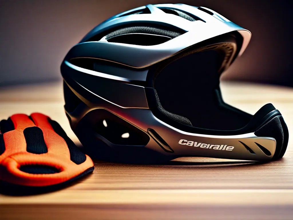 Descrição: Uma imagem em close-up do capacete, luvas e joelheiras de um ciclista, cuidadosamente organizados em uma mesa de madeira. O capacete é elegante e preto, as luvas são acolchoadas e ajustadas, e as joelheiras são robustas e ajustáveis. Esses equipamentos de segurança servem como um lembrete para sempre usar equipamentos de segurança adequados ao andar de bic