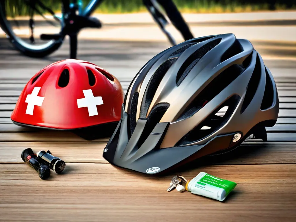 Um capacete, colete refletivo e luzes de bicicleta dispostos sobre uma superfície de madeira, com um cadeado para bicicleta e um pequeno kit de primeiros socorros por perto, simbolizando equipamentos de segurança essenciais para ciclistas.