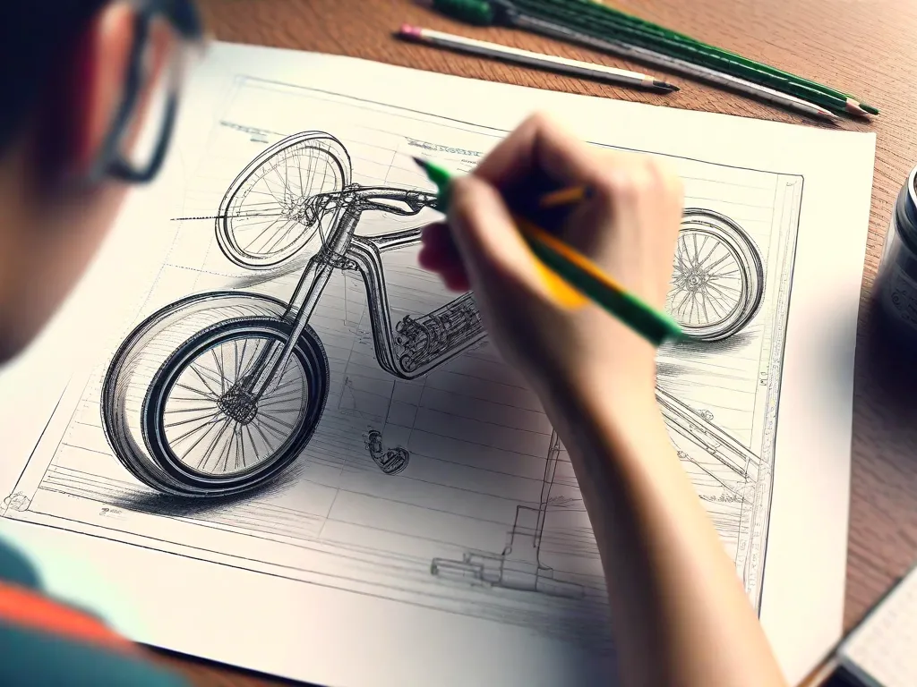 Descrição da imagem: Um close-up das mãos de uma pessoa segurando um lápis e esboçando o contorno de um quadro de bicicleta em um pedaço de papel. As linhas são precisas e detalhadas, capturando a essência da estrutura da bicicleta. O foco está nas mãos e no esboço, destacando as etapas iniciais do projeto de uma bicicleta.