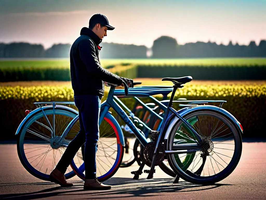 Uma imagem de uma pessoa em pé ao lado de uma fileira de bicicletas, examinando cuidadosamente cada uma. Sua expressão pensativa e a variedade de bicicletas expostas destacam a importância de escolher a bicicleta certa que atenda às necessidades e preferências individuais.