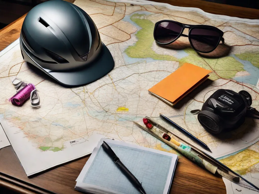 Um espaço de trabalho organizado de forma arrumada com um grande mapa desdobrado, pontilhado com alfinetes coloridos e rotas. Um capacete de bicicleta, luvas e um par de óculos de sol repousam sobre o mapa, ao lado de um bloco de notas repleto de anotações escritas à mão e uma bússola para navegação.
