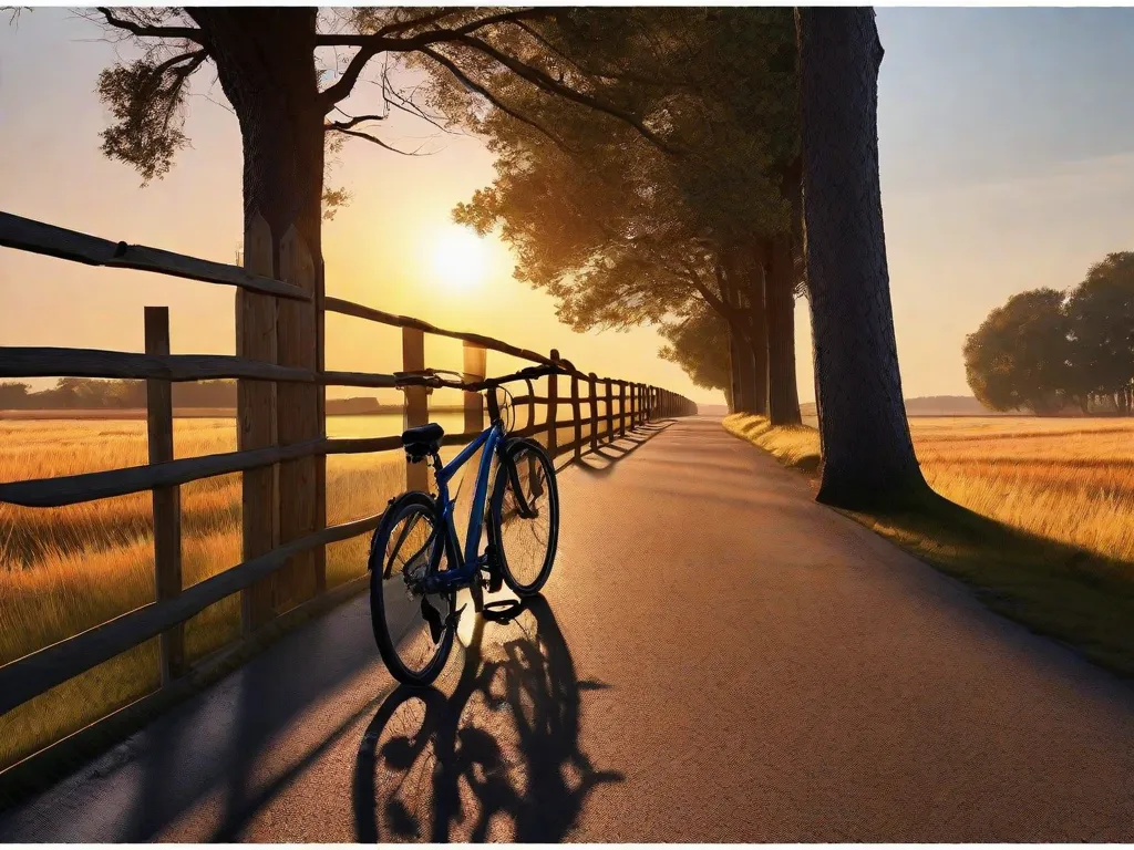 Uma imagem serena apresentando uma estrada aberta se estendendo em direção a um nascer do sol vibrante. Em primeiro plano, uma bicicleta está encostada em uma cerca de madeira, sua silhueta projetando uma longa sombra. A cena tranquila evoca uma sensação de viajar em direção a aspirações a cada pedalada.