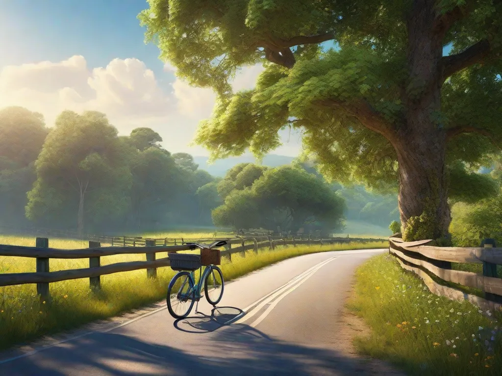 Uma estrada rural sinuosa se estende à frente, ladeada por vegetação exuberante e flores silvestres. Uma única bicicleta está encostada em uma cerca de madeira sob o céu azul expansivo, convidando para um passeio tranquilo sem carros à vista.