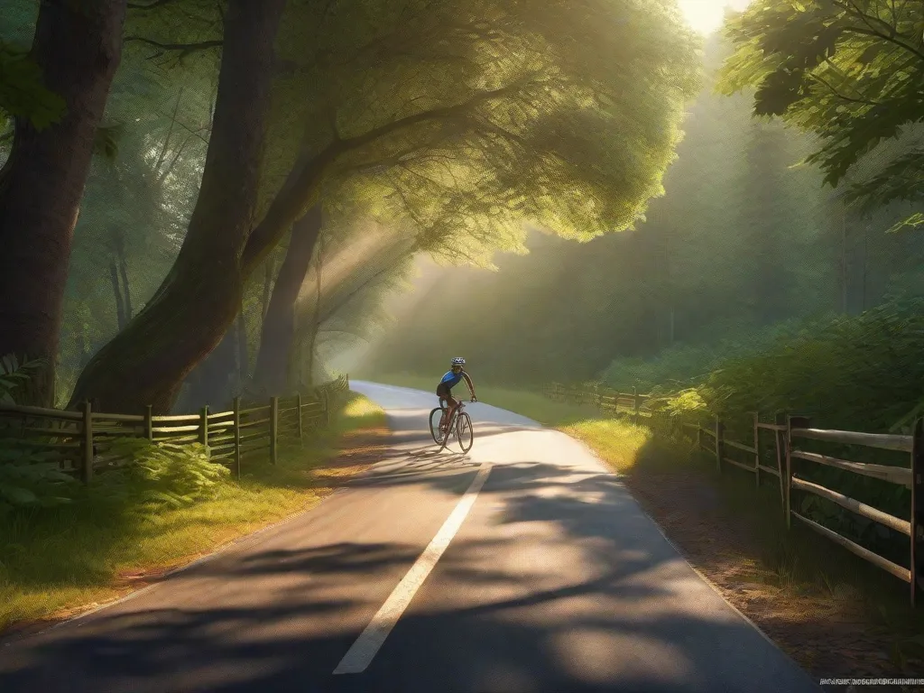 Uma imagem serena de uma estrada sinuosa vazia no meio de uma floresta exuberante, com uma bicicleta encostada em uma cerca de madeira, o sol da manhã cedo lançando um brilho quente e sombras longas pelo caminho, sugerindo tranquilidade e a clareza mental encontrada ao pedalar pela natureza.