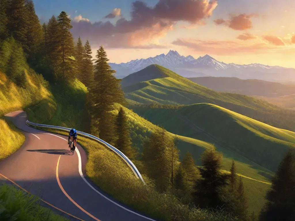 Uma estrada sinuosa serpenteia por uma floresta exuberante, a luz do sol filtrada projeta padrões no pavimento. Um ciclista solitário em uma bicicleta de estrada faz uma pausa em um mirante, sua silhueta delineada contra a vista panorâmica de colinas ondulantes e montanhas distantes, o horizonte tingido com os matizes do pôr do sol.