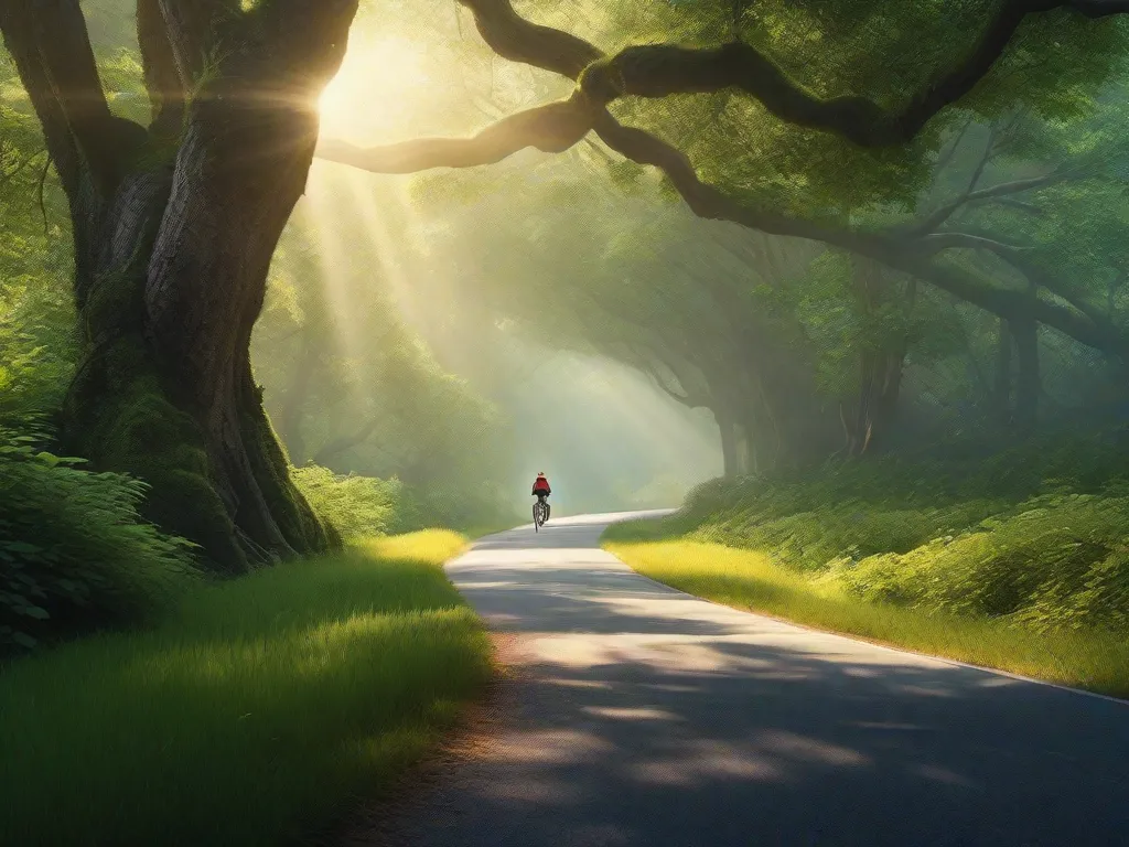 Uma imagem serena de uma bicicleta solitária encostada em uma cerca de madeira, com vista para um lago tranquilo cercado por vegetação exuberante, com o suave brilho de um nascer do sol refletindo na superfície da água, encapsulando a paz e a clareza mental que o ciclismo pode trazer.