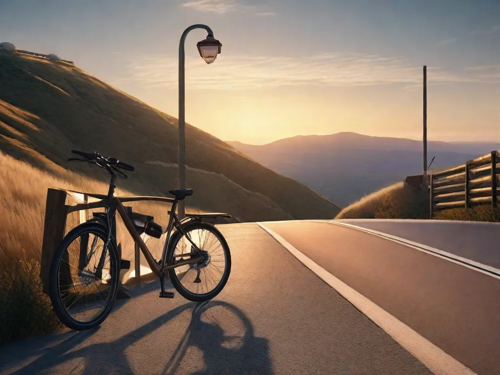 Uma imagem serena de uma estrada sinuosa e vazia na montanha ao nascer do sol, com uma bicicleta estacionada encostada em um guarda-corpo de madeira. A luz da manhã projeta sombras alongadas no asfalto, simbolizando o estiramento da coluna e do pescoço.