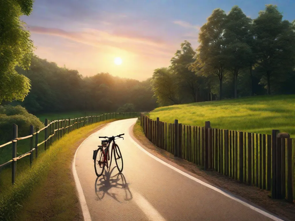 Uma imagem serena de uma estrada sinuosa vazia ladeada por árvores verdejantes, com uma única bicicleta encostada a uma cerca de madeira, o sol poente lançando um brilho quente sobre a paisagem pacífica, evocando uma sensação de calma e alívio do estresse através do ciclismo.