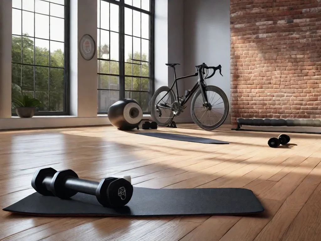 Um estúdio de yoga sereno com pisos de madeira, onde uma elegante bicicleta de estrada preta fosca está encostada em uma parede de tijolos caiados. Em primeiro plano, um tapete de yoga abriga um par de halteres e uma garrafa de água, simbolizando a fusão das práticas de ciclismo e yoga para construção de força.