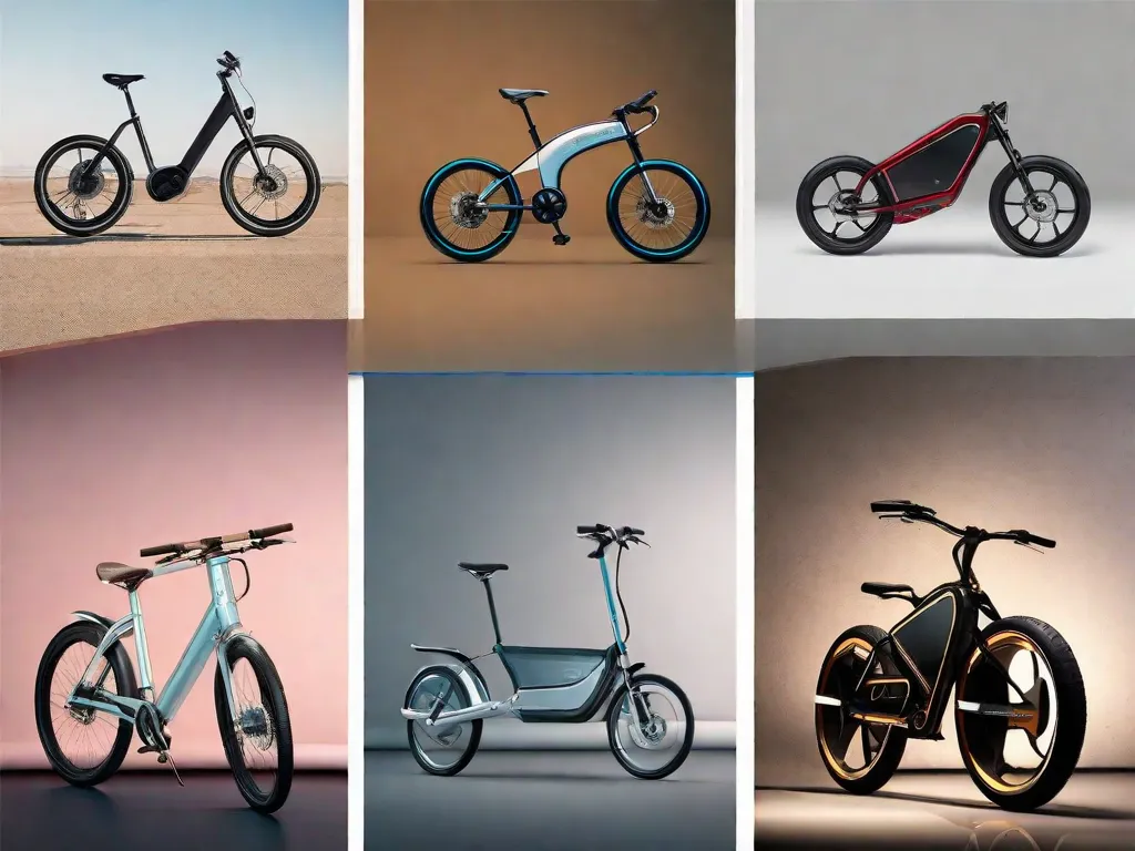 Uma imagem mostrando a evolução das bicicletas elétricas, começando com um design vintage inspirado à esquerda, passando por um modelo elegante e moderno no centro e, finalmente, um conceito futurista à direita. Cada bicicleta representa os avanços em tecnologia e design que moldaram a evolução das bicicletas elétricas.