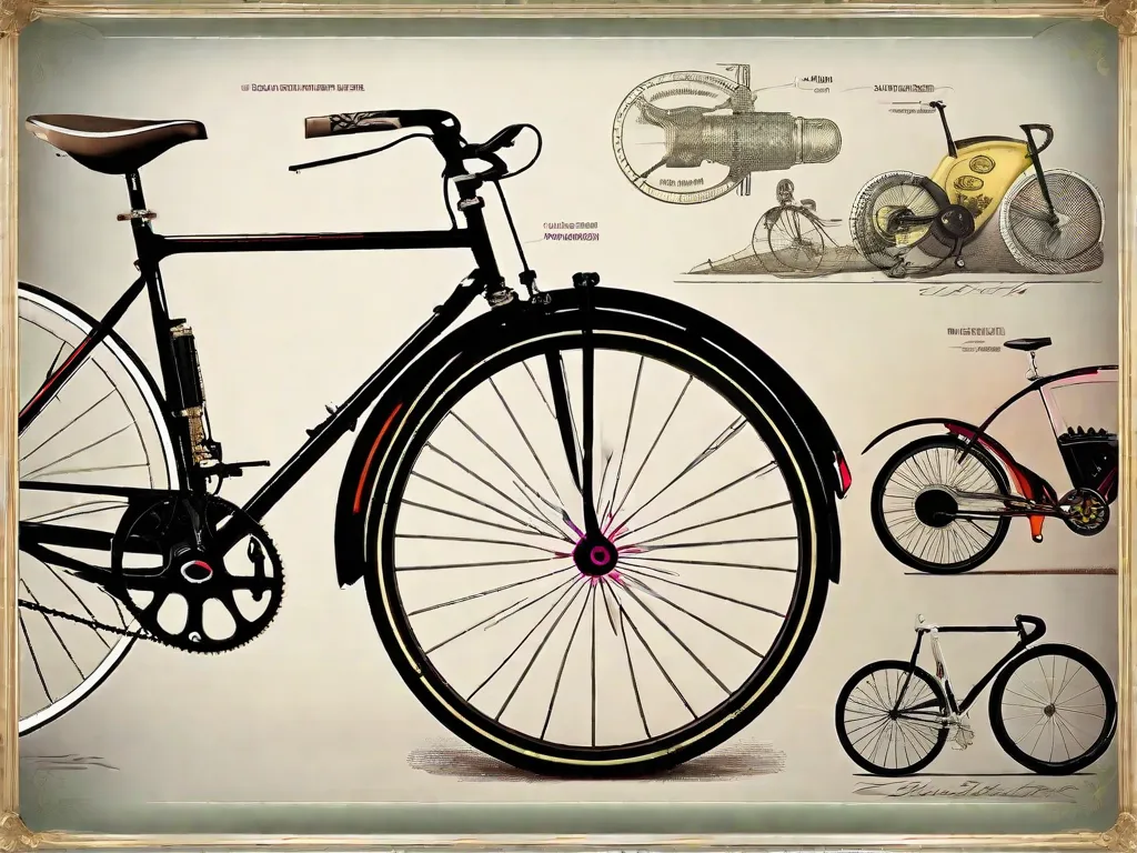 Descrição da imagem: Uma imagem vibrante que mostra a evolução das bicicletas ao longo da história. Começando por uma bicicleta vintage penny-farthing, com sua roda dianteira grande e roda traseira pequena, a imagem transita suavemente para uma bicicleta de estrada moderna e elegante, com características aerodinâmicas. A evolução é representada por diferentes quadros, guidões
